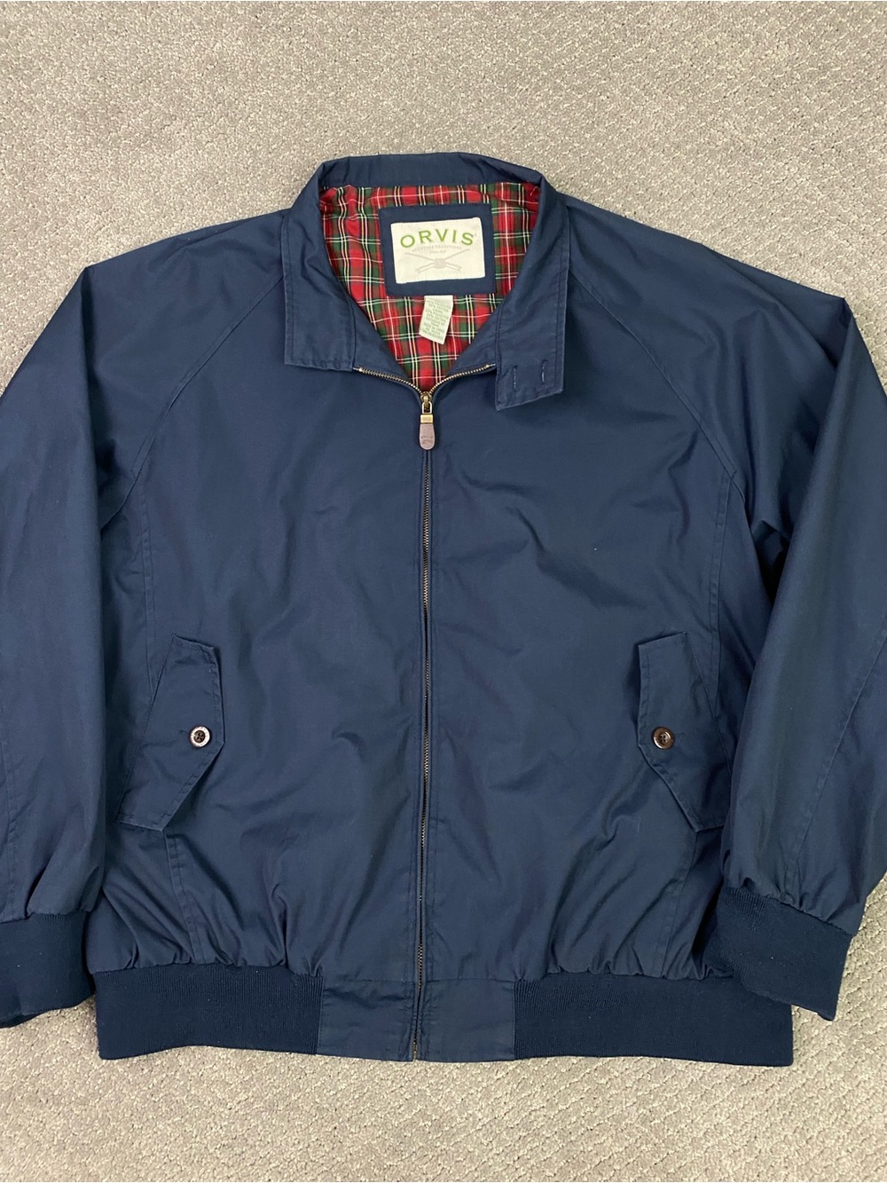 Vintage Orvis Harrington Jacket Mens XL Navy Blue Plaid Lined Bomber Bi-Swing